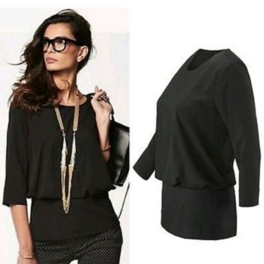 CAbi Black Indulgence Flounce Blouson Fitted Hem Blouse #5205